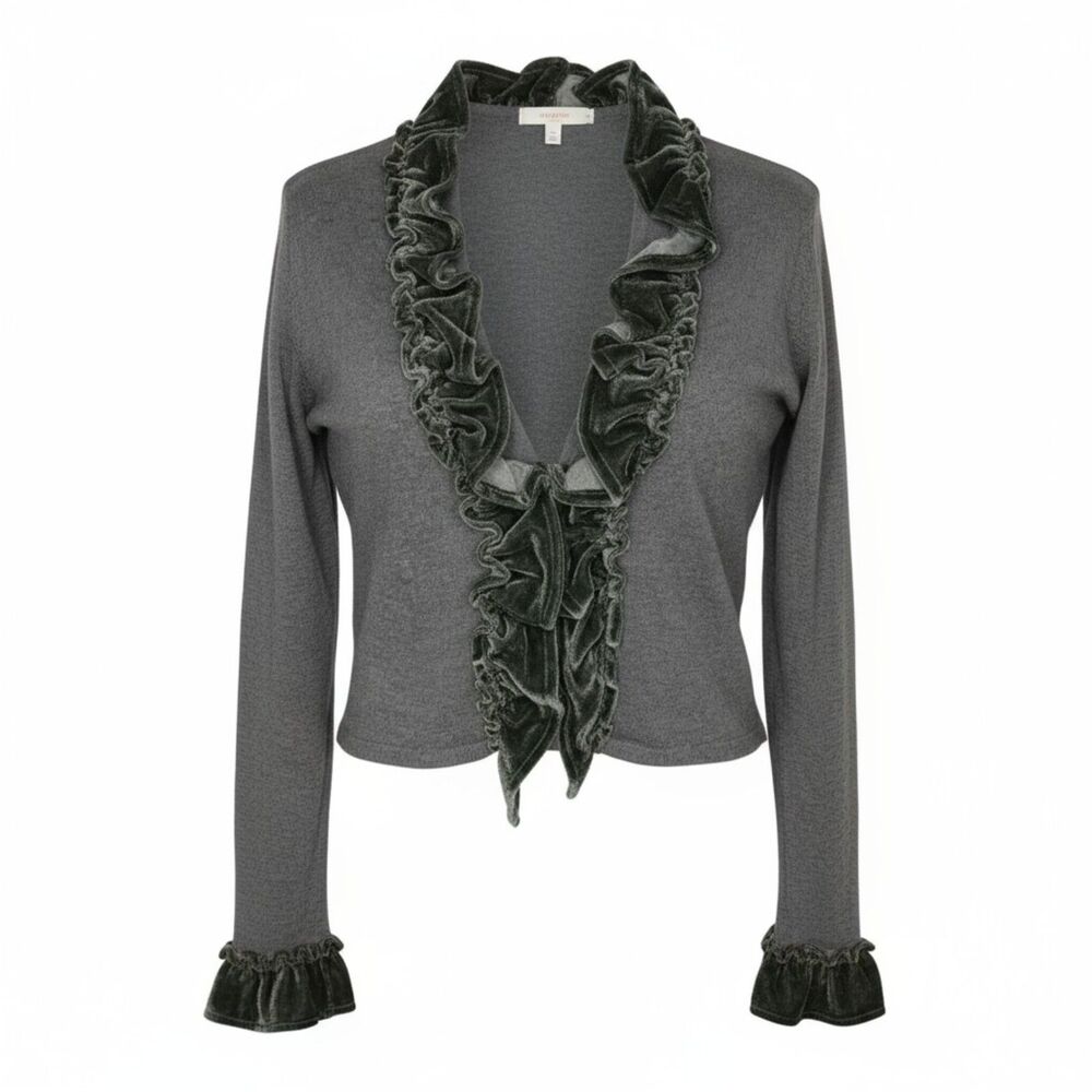 Women's Size L Gray Romantic Feminine Velvet Ruffle Trim Cropped Cardigan